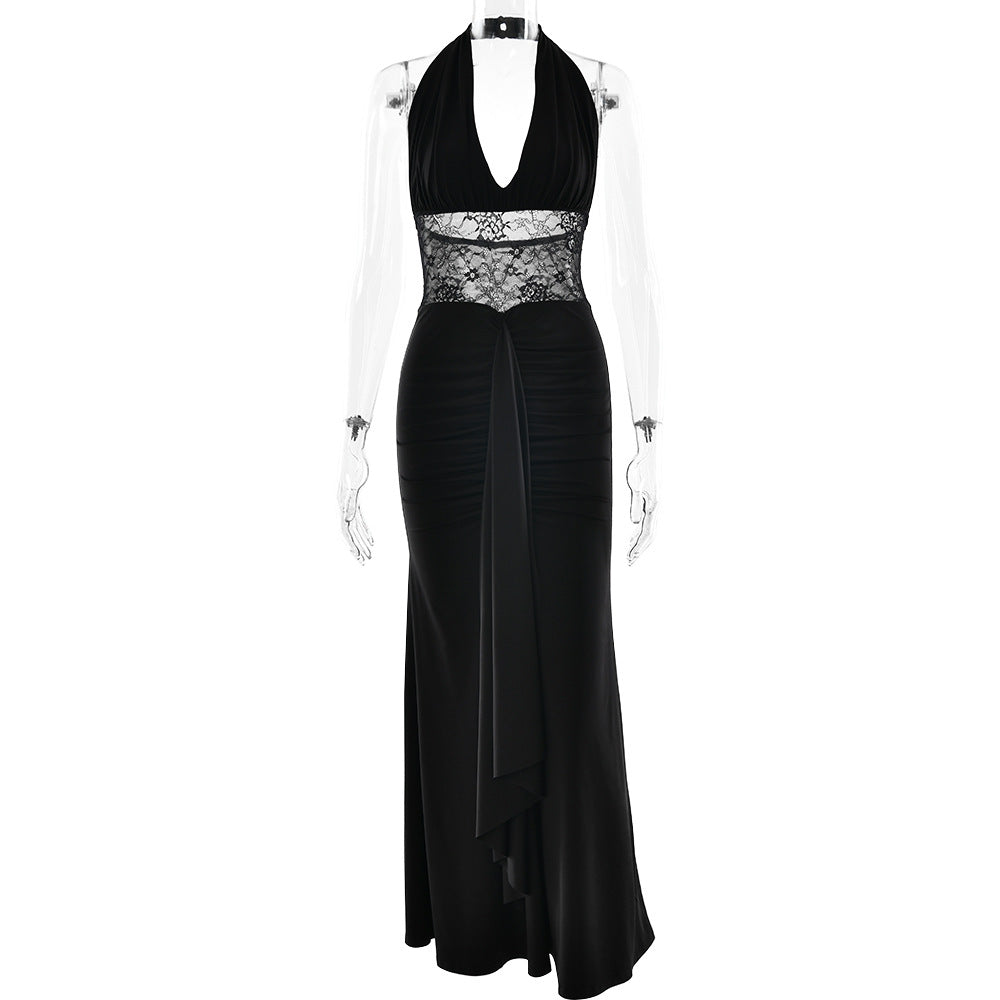 Elegant Deep V Plunge Halter Waist Slimming Maxi Dress Sexy Hollow Out Cutout out Backless Ribbon Dress