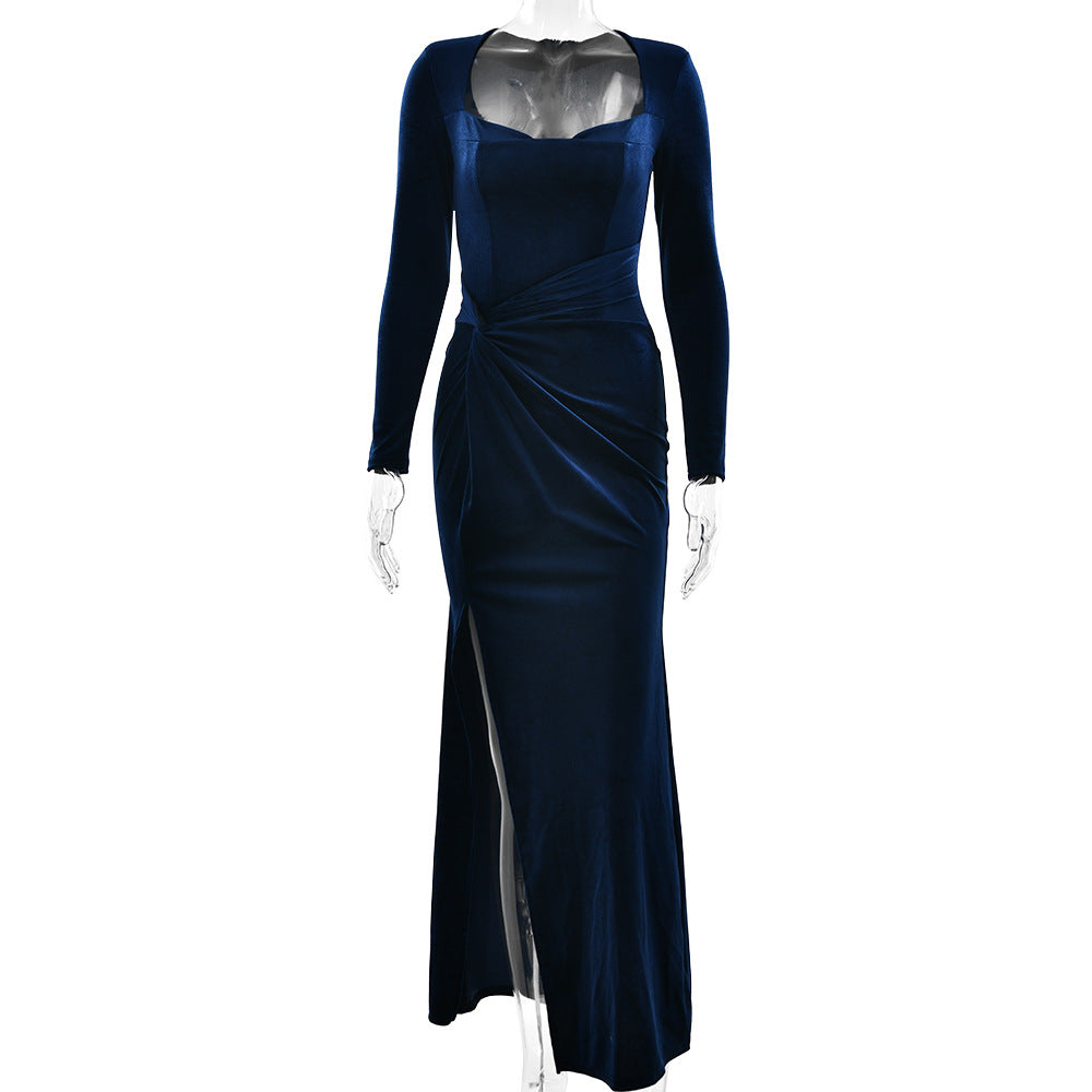 Women Clothing Sexy Slit Square Collar Dress Fashionable Elegant Velvet Pleated Dress