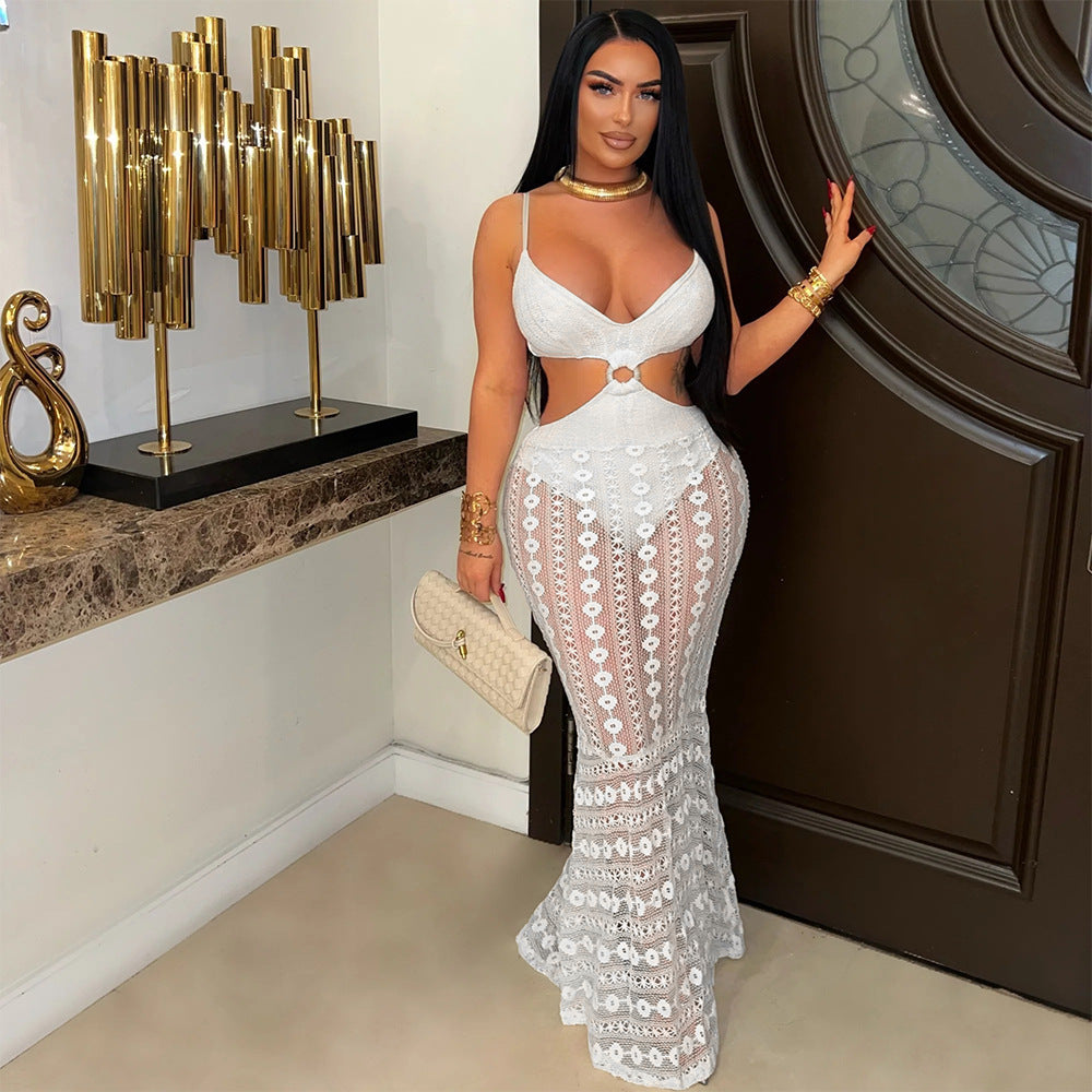 Sexy V neck Brace Lace See through Sheath Dress Cropped Outfit Maxi Dress