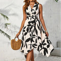 Long Sleeveless Midi Leaf Print Twist Irregular Asymmetric Dress Spring Summer Women