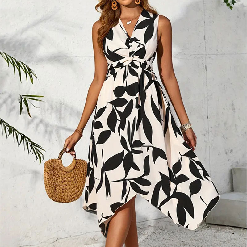 Long Sleeveless Midi Leaf Print Twist Irregular Asymmetric Dress Spring Summer Women