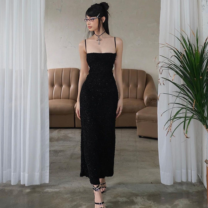 Sexy Suspenders Backless Thin Glittering Hollow Out Cutout Dress Summer Sexy High Grade Dress for Women