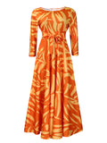 Women Clothing Spring Elegant Graceful Printed Lace up Large Dress
