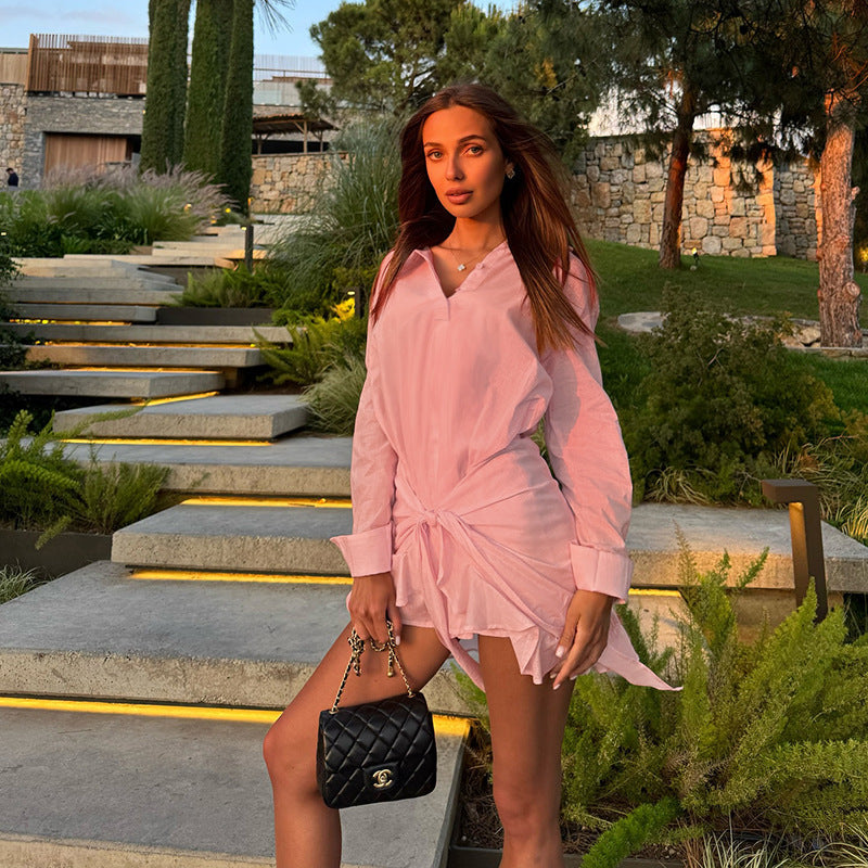 Full Support Ruffled Lace up Casual Elegant Solid Color Long Sleeve Shirt Dress