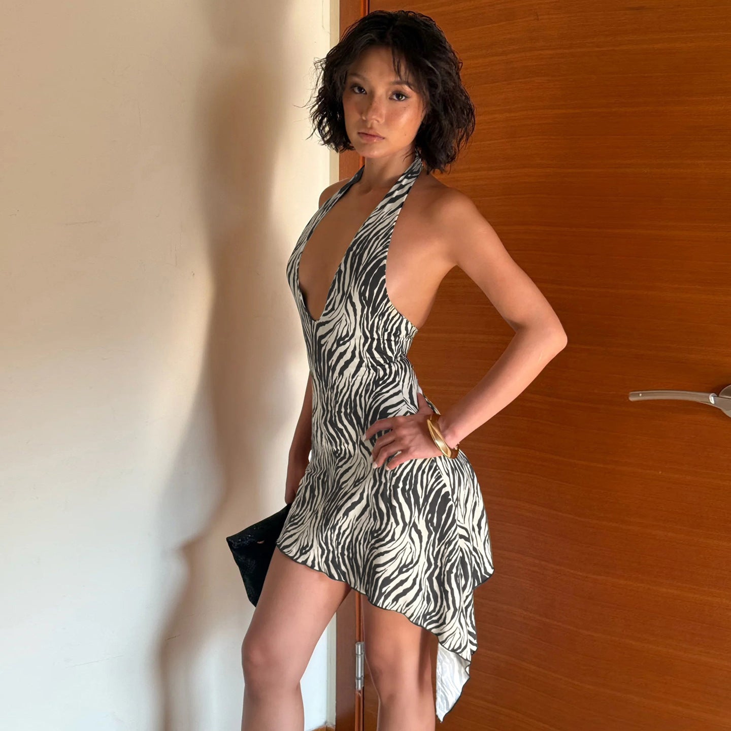 Animal Print Irregular Asymmetric Backless Deep V Plunge Halter Dress Street Sexy