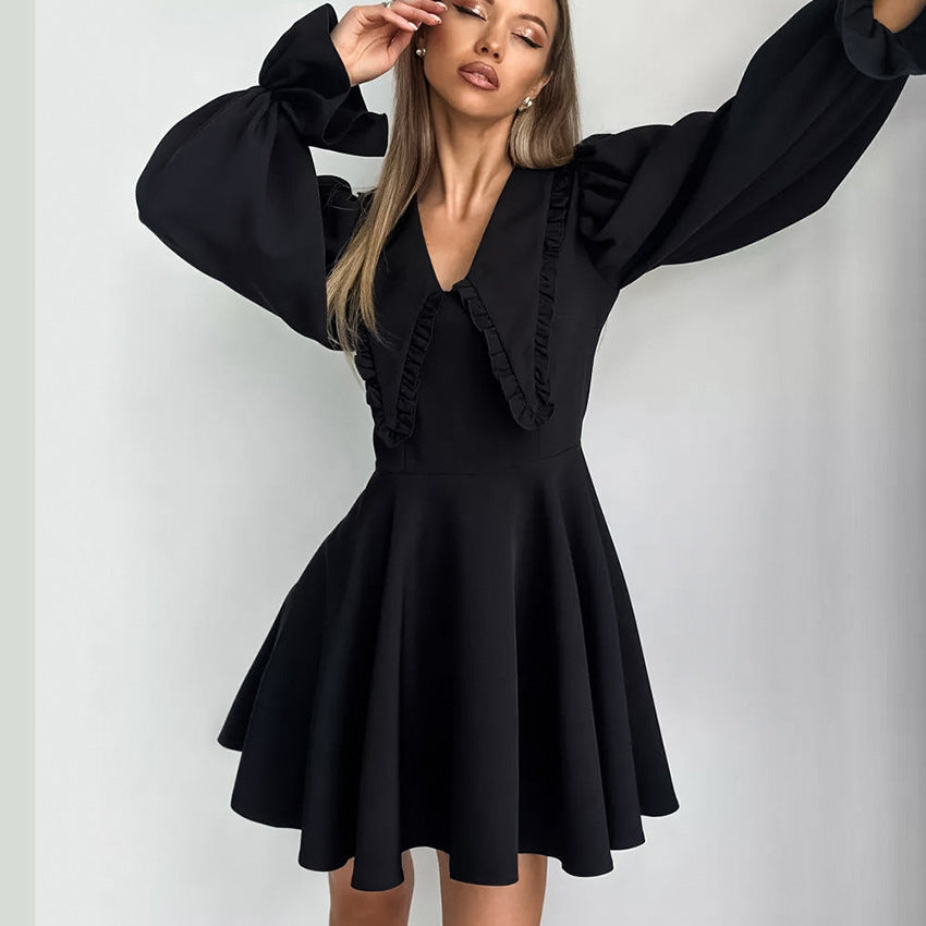 Autumn Winter Black Sexy Design Collared Bell Sleeve French Long Sleeve Dress All Matching Slim Fit Women