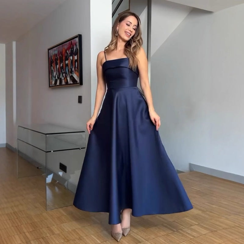Summer French Retro Elegant Satin Strap Evening Dress