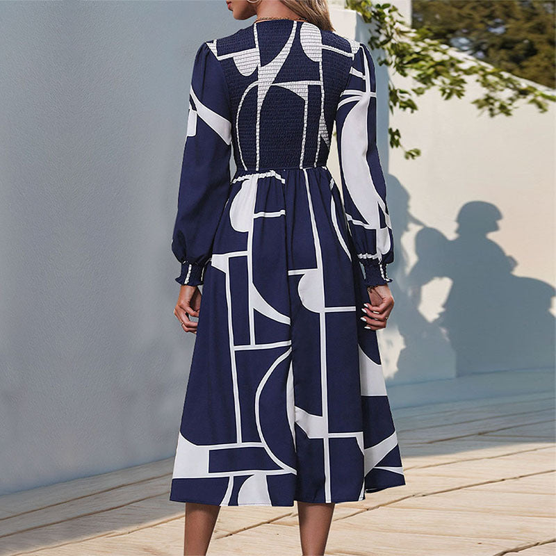 Fall Women Clothing Smocking Long Sleeve Printing Dress