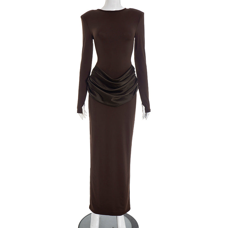 Women Clothing Autumn Winter Elegant Lady Slim Fit Long Sleeve Pleated Sheath Maxi Dress