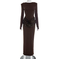 Women Clothing Autumn Winter Elegant Lady Slim Fit Long Sleeve Pleated Sheath Maxi Dress