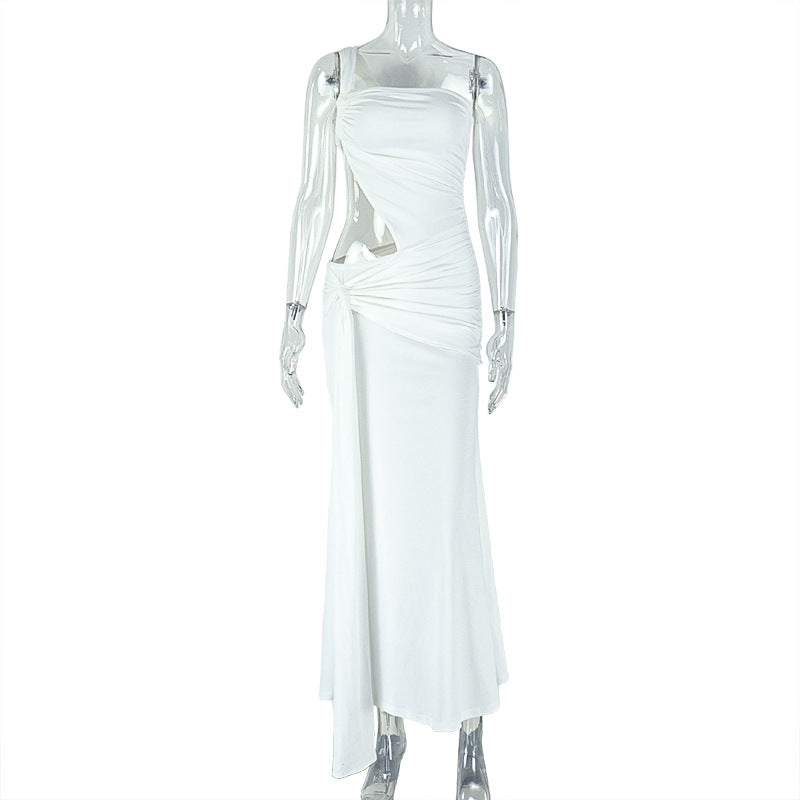 Solid Color Women Pleated Slim Fit Backless Sheath Asymmetric Dress Shoulder Hollow Out Cutout out Strap Length Dress