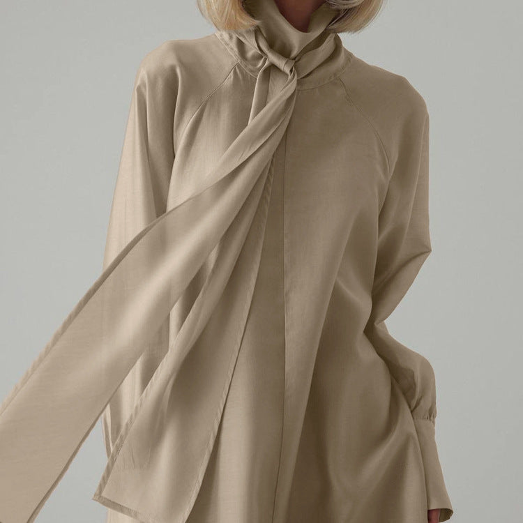 Women Clothing Stand up Collar Tie Dress Long Sleeve Side Slit Loose Casual Dress