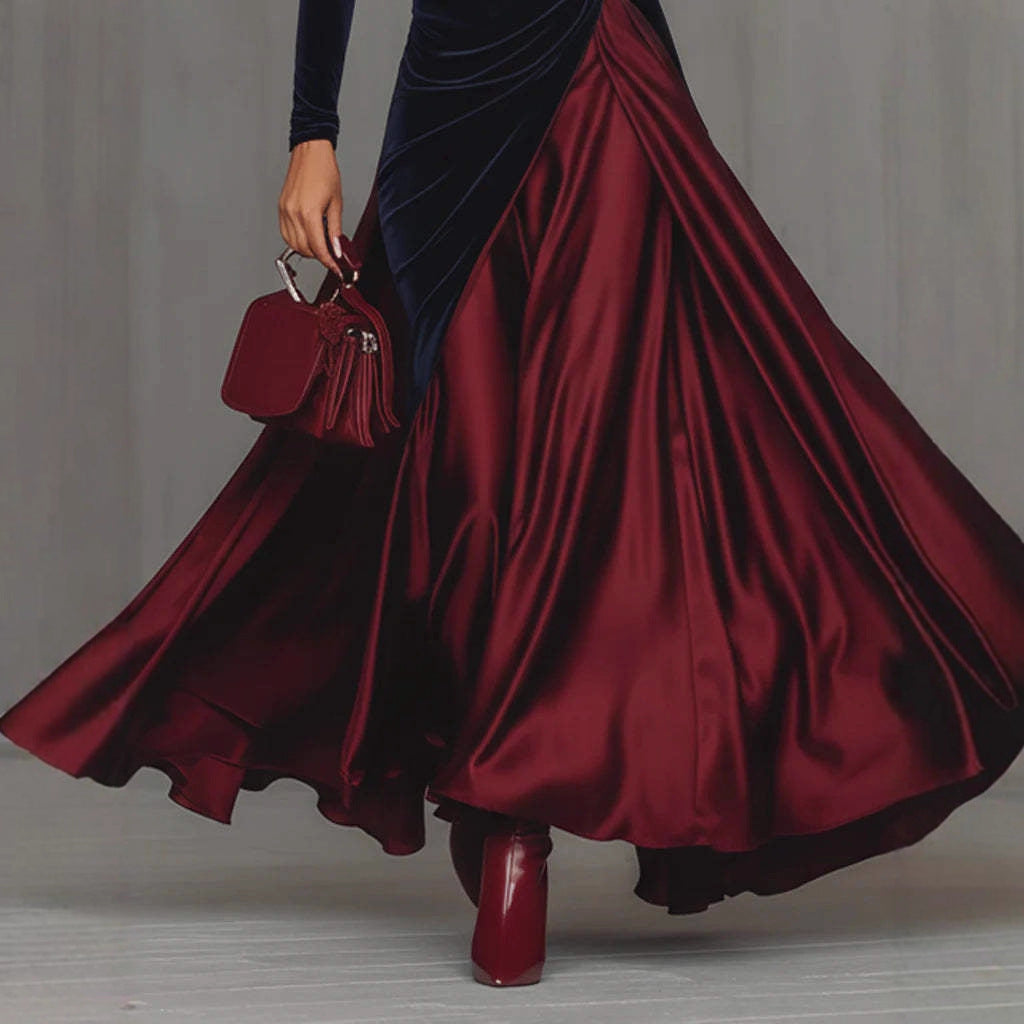 Spring Elegant Big Hem Umbrella Velvet Stitching Contrast Color Turtleneck Dress