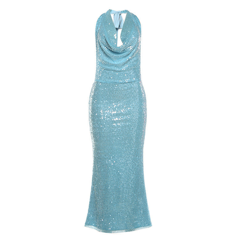 Winter Women Clothing Sequined Swing Collar Sexy Backless Halter Self Tie Slit Dress