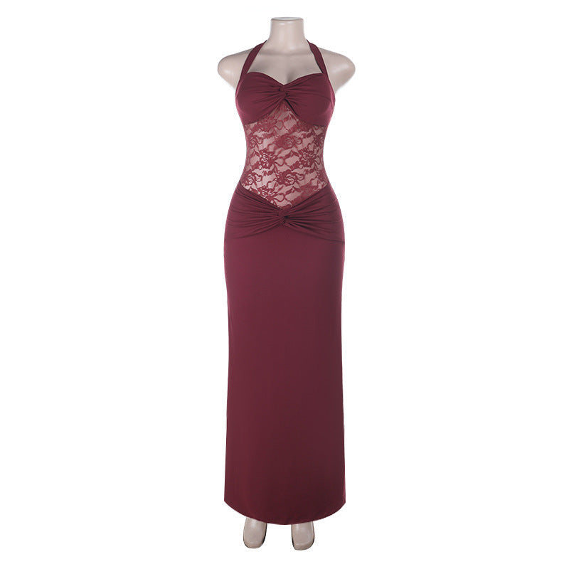 Halter Sexy Slim fit Solid Color Lace Splicing Sleeveless Skinny Sheath Dress