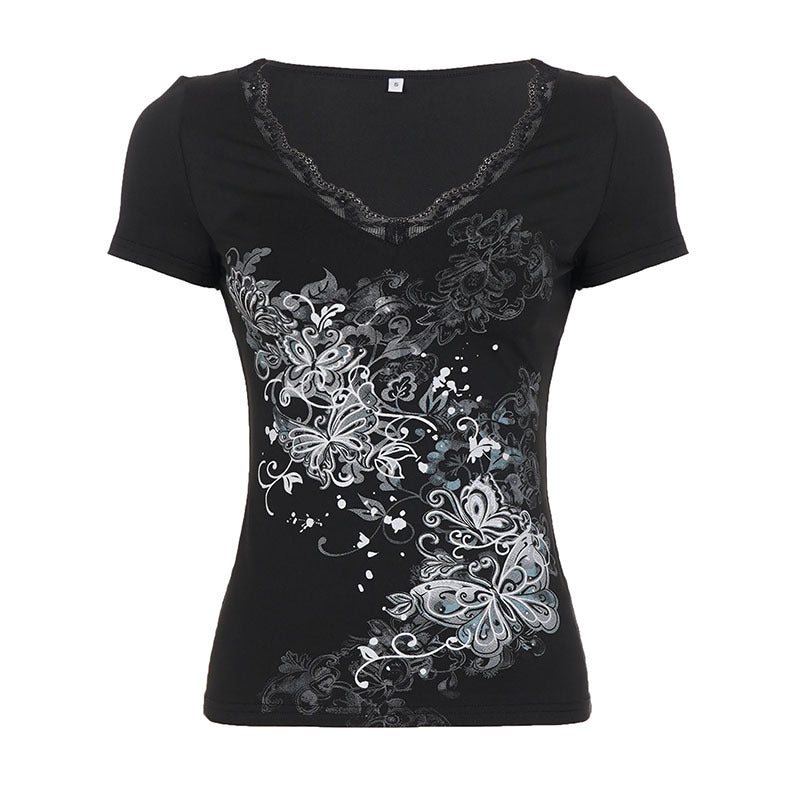 Retro Sexy Dark Printed Lace V neck Top Women Street Sexy Short Sleeve T shirt