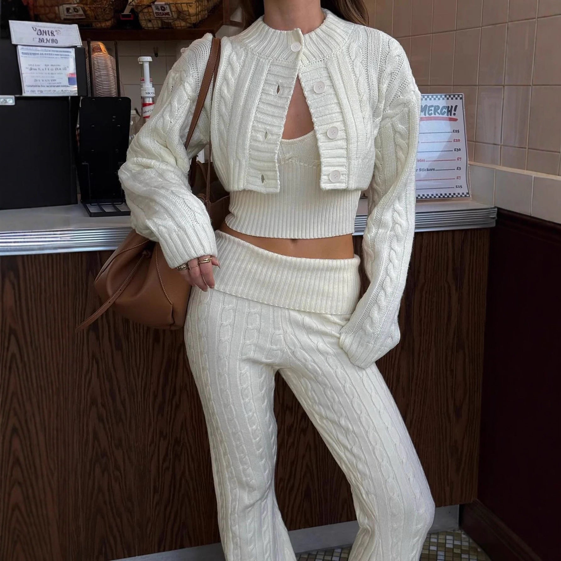 Autumn Winter Women Sexy Knitted Vest Short Top Loose Figure Flattering Straight Leg Pants Three Piece Sets