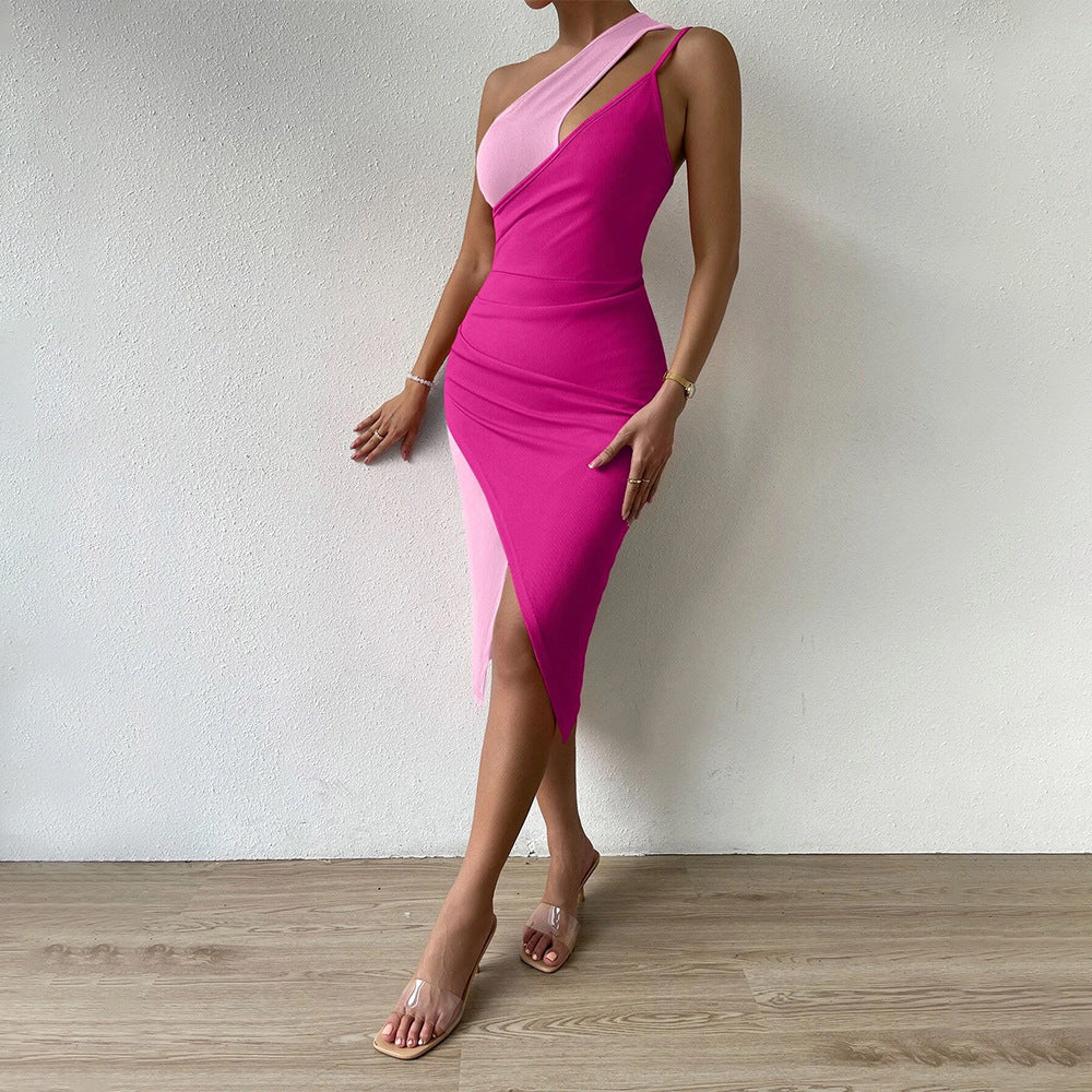 Knitted Color Contrast Patchwork Design Chest Hollow Out Cutout Cinched Sheath Dress