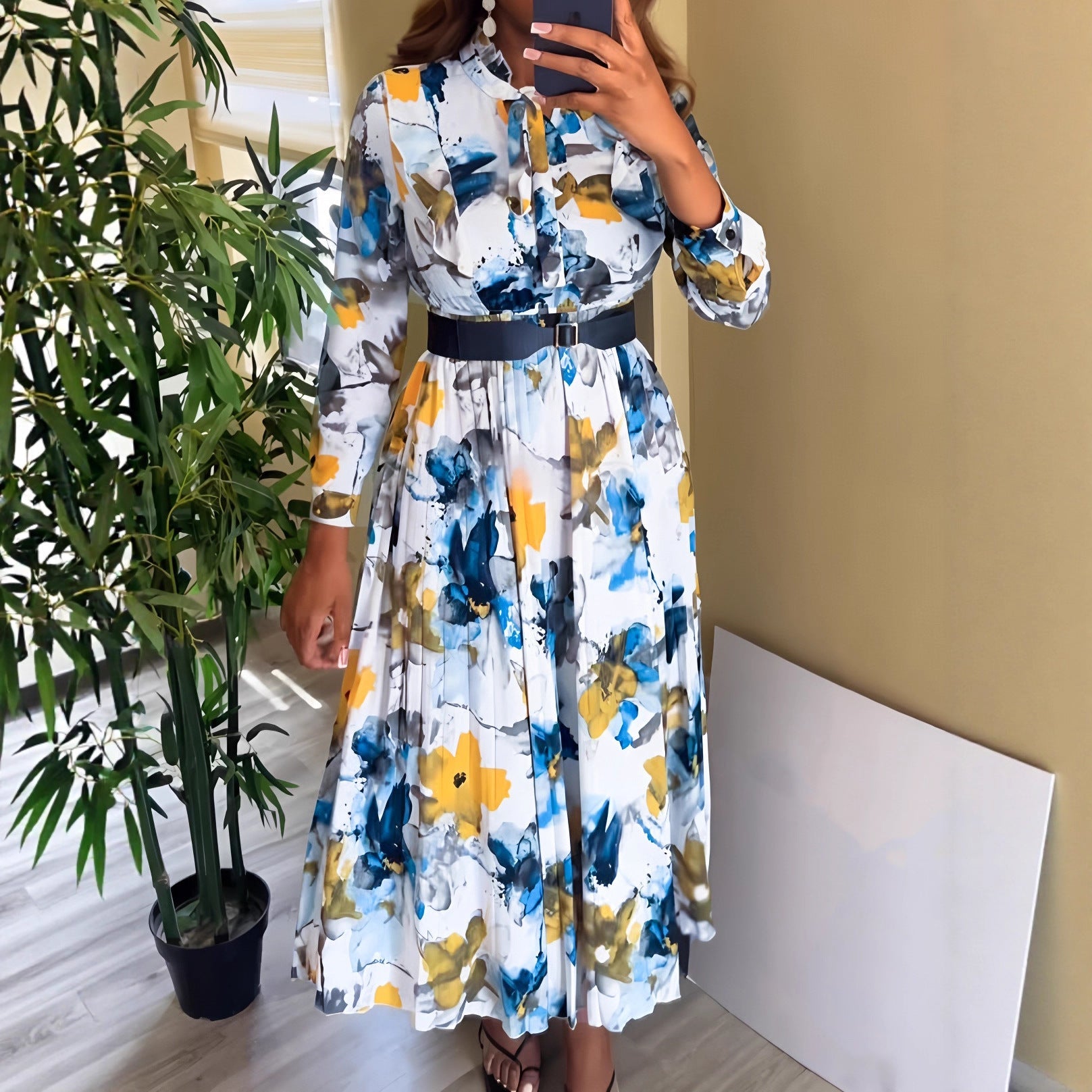 V neck Printed Waist-Controlled Casual Vacation Elegant Long Sleeve A line Dress （Without Belt）