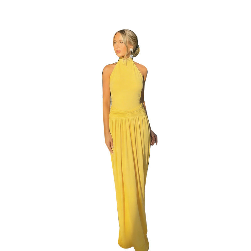 Summer Women Clothing Halter Backless Sleeveless Draping Effect Solid Color Dress
