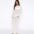 Women Clothing Spring Summer Solid Color Lace See through Long Sleeve Mid Length Dress