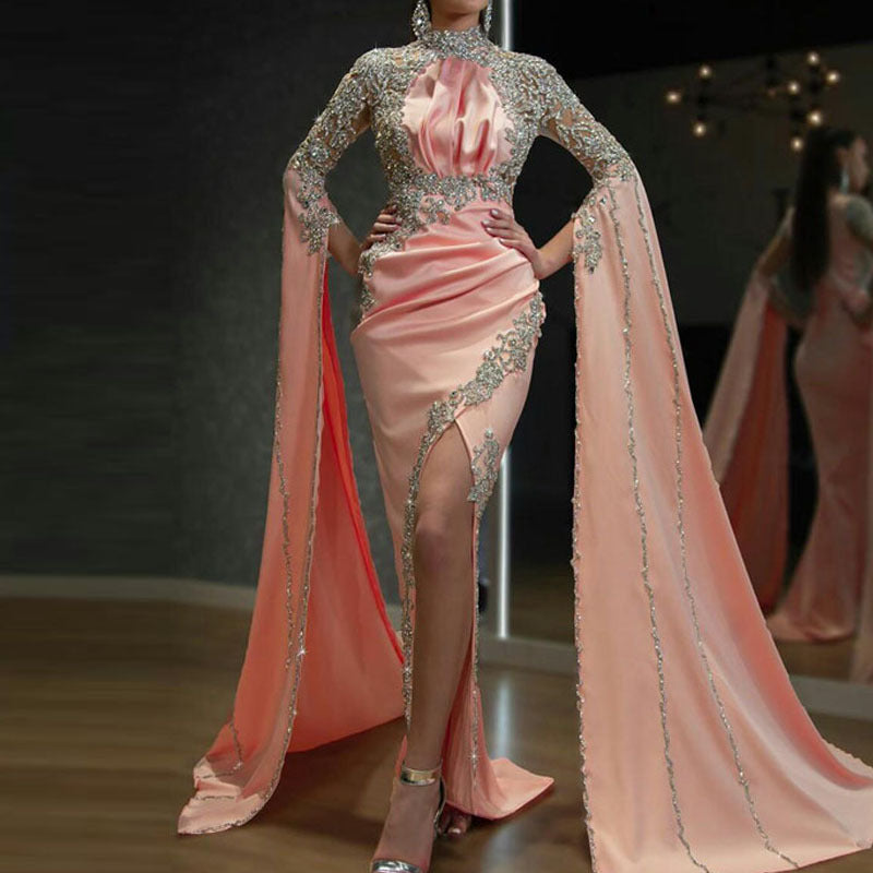 Women Clothing Dress Turtleneck Long Sleeve Dress Slit Irregular Asymmetric Evening Dress
