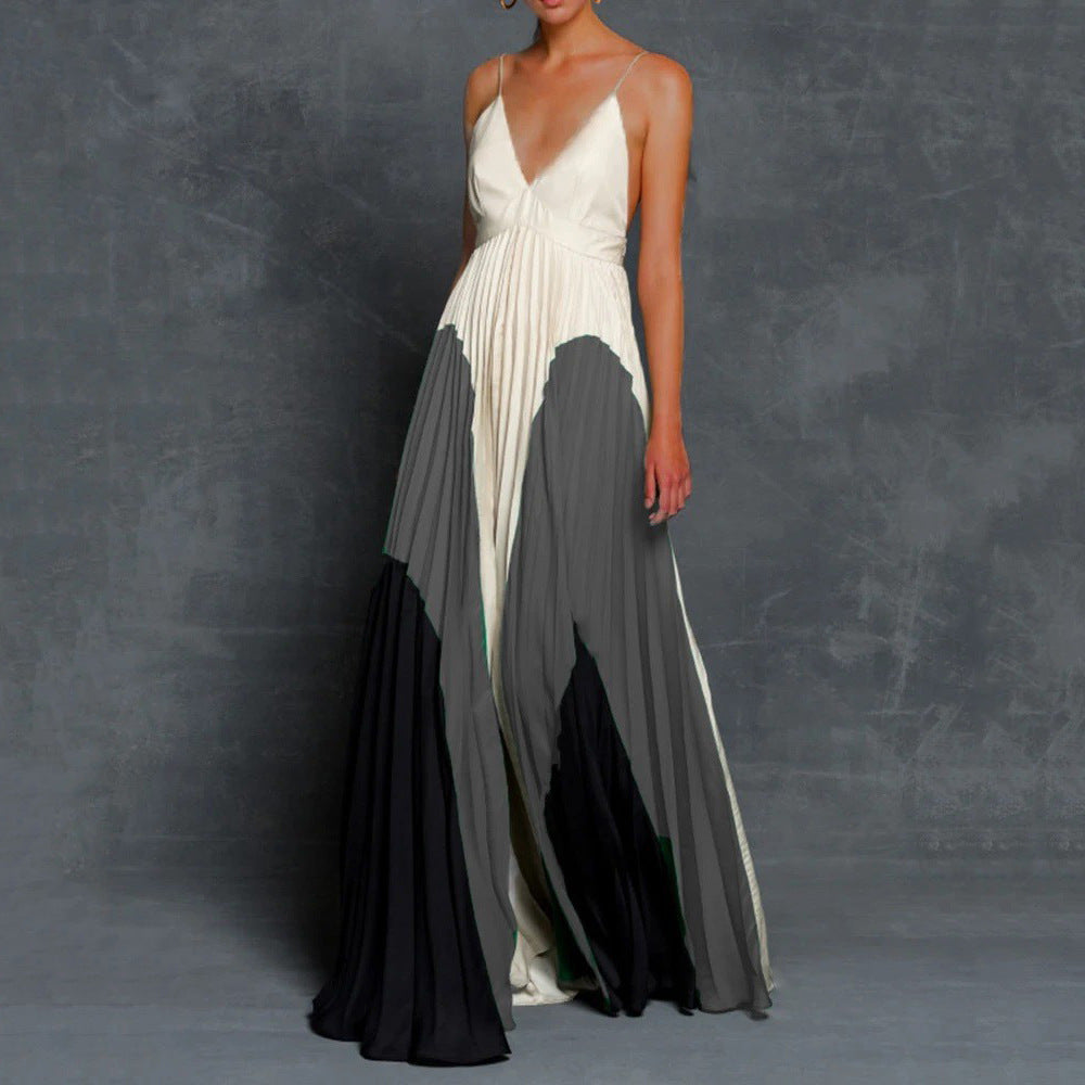 Summer Women Clothing Dress Slim Fit Slimming Long Color Matching Pleated Cami Dress Long