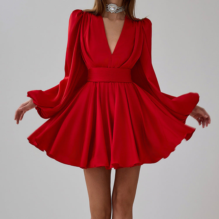 French Pleated Dress Women Puff Sleeve V neck Waist Seal Slimming Satin A line Dress