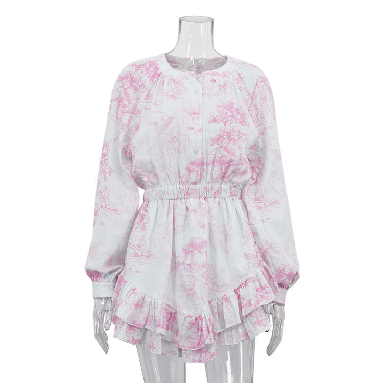 Autumn Cotton Champray Printed Casual Dress Women round Neck Long Sleeve Ruffles A line Dress