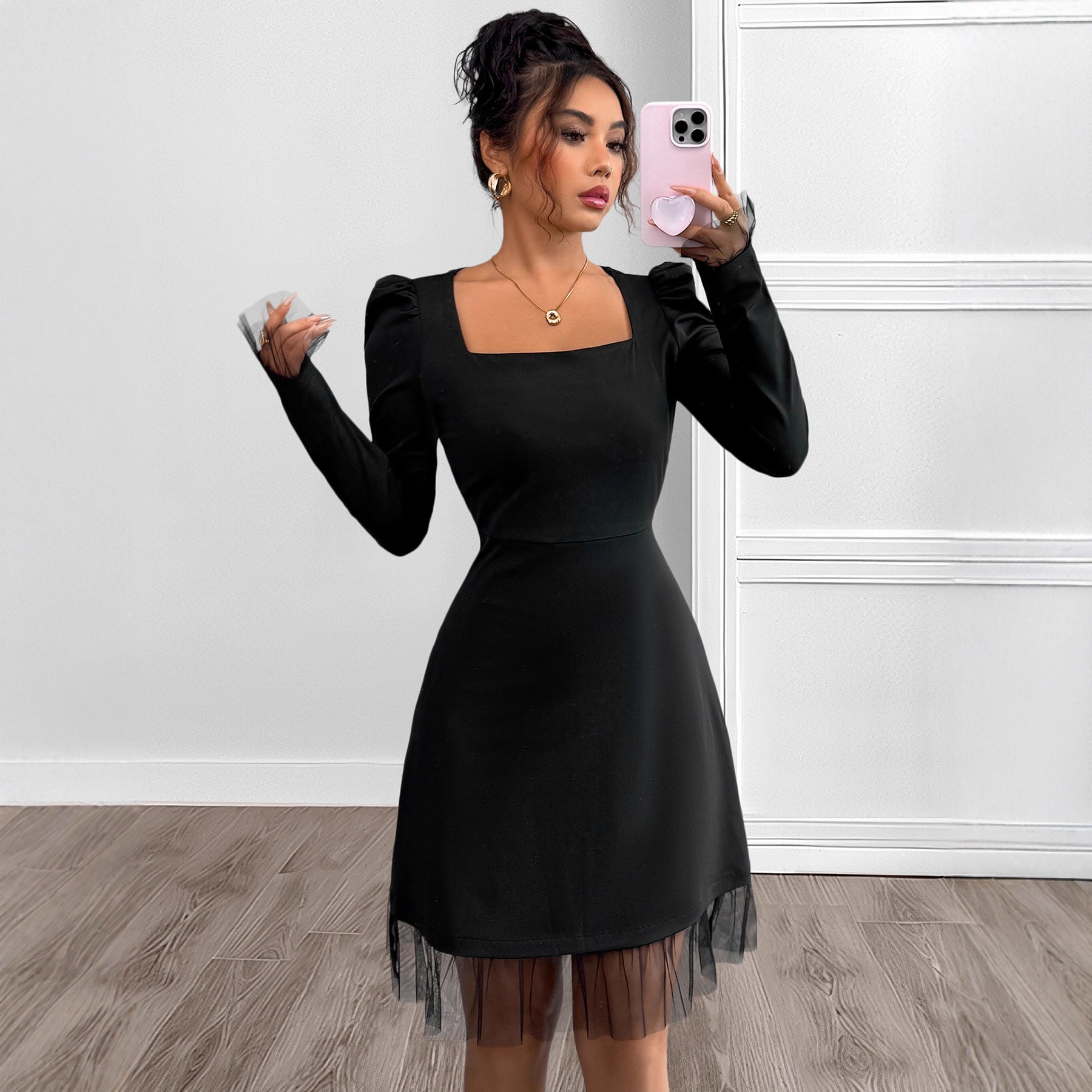 Autumn Square Collar Bubble Long Sleeve Dress Mesh Stitching High Waist A line Dress