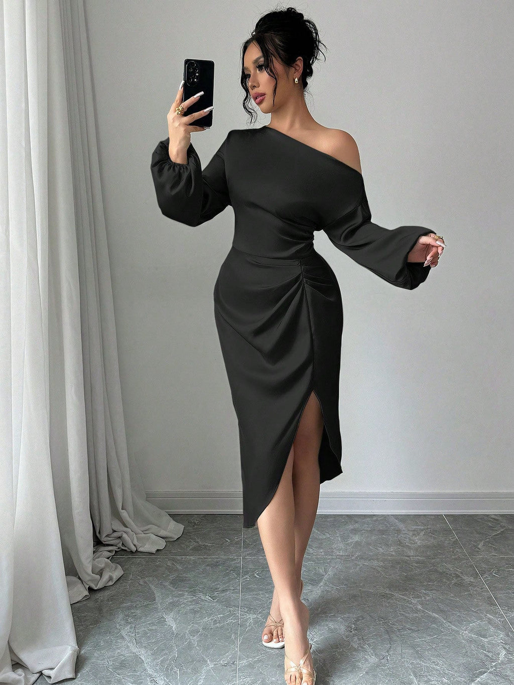One Shoulder Cold Shoulder Long Sleeve Dress Fitted Waist Pleated Irregular Asymmetric Slit Midi Dress Elegant Evening Dress