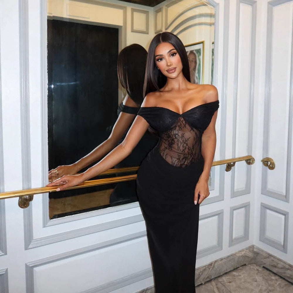 Black French Sexy Lace Stitching Sexy off Shoulder Slim Sheath Dress for Women