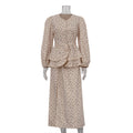 French Design Ruffled Waist Seal Printed V neck Puff Sleeve Elegant Split Dress Women Clothing