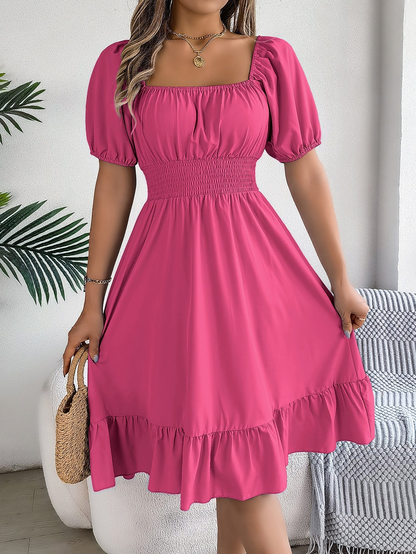 Spring Summer Casual Square Collar Short Sleeve Waist Trimming Ruffles A line Dress Women Clothing