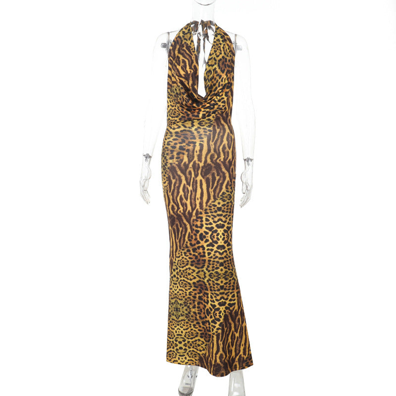 Leopard Print Pockets Collar Sexy Backless Slim Fit Seaside Beach Jumpsuit
