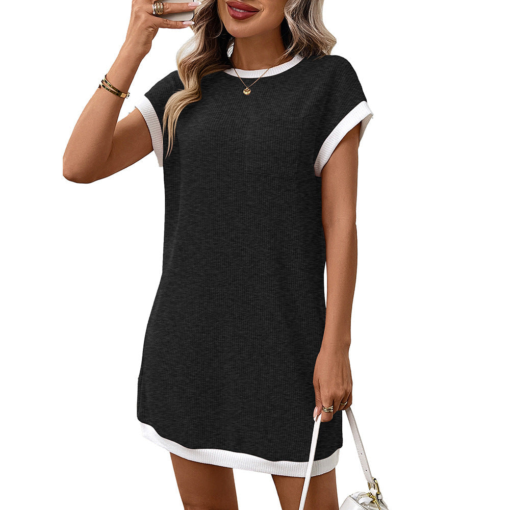 Summer Women Solid Color Casual Contrast Color Short Sleeve Pocket Dress