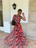 Printed Mesh off Shoulder Vacation Slim Fit Bottoming Dress