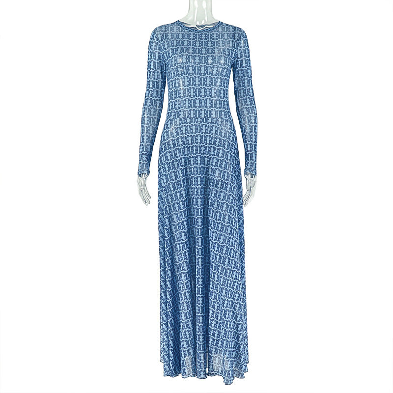 Summer Women Clothing Tight Waist Sheath Print Street A line Dress round Neck Long Sleeve Micro Transparent Dress
