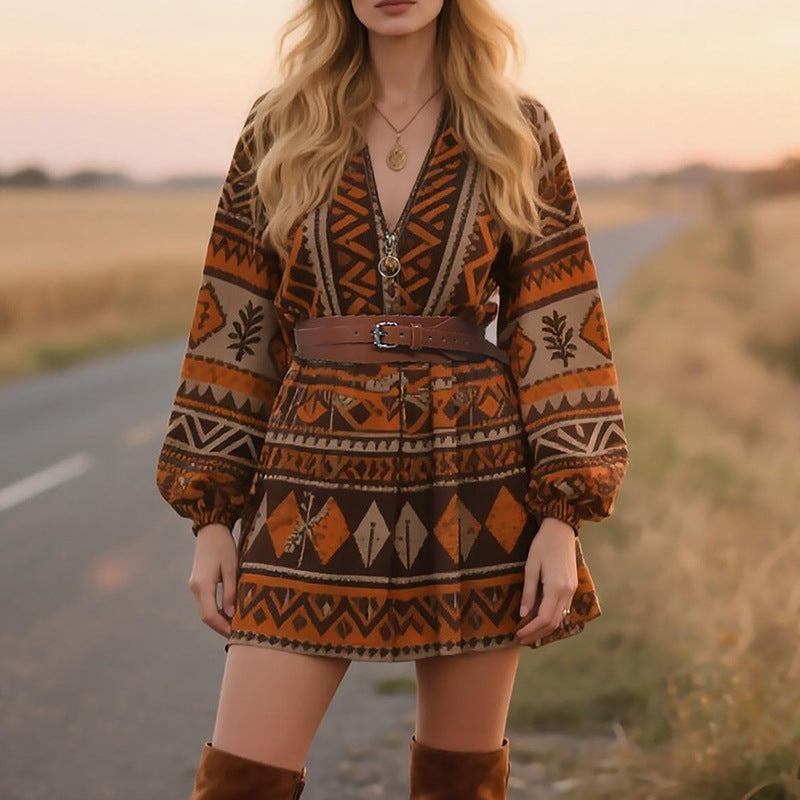 Women Clothing Bohemian Print Long Sleeve Dress Women Loose Casual