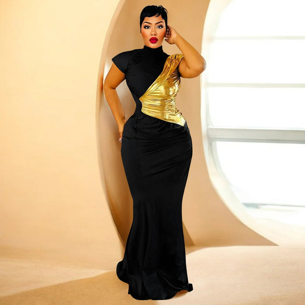 Women Clothing Color Contrast Bronzing Sexy Slim Dress