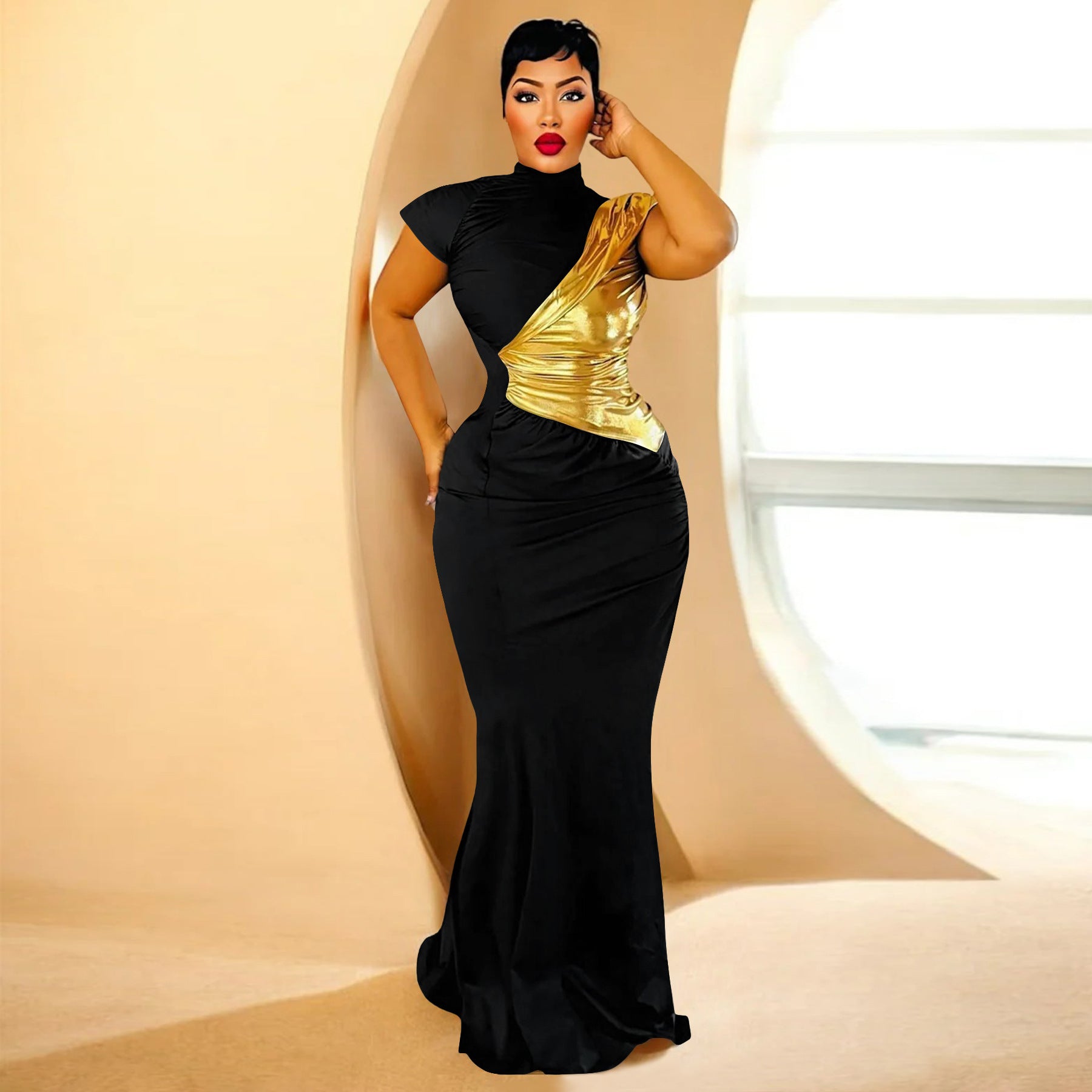 Women Clothing Color Contrast Bronzing Sexy Slim Dress