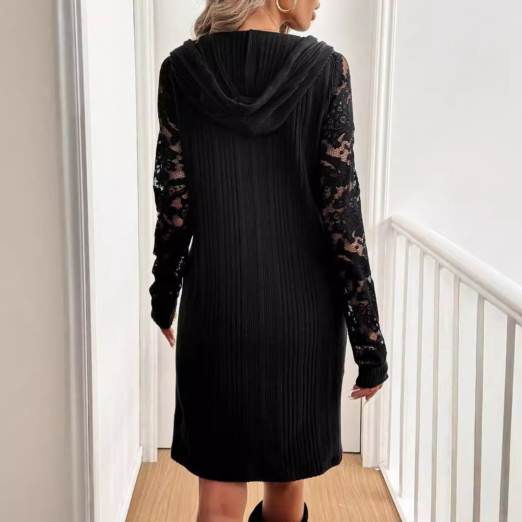 Autumn Winter Elegant Women Lace Patchwork Raglan Sleeve Hoodie with Drawstrings Casual Dress