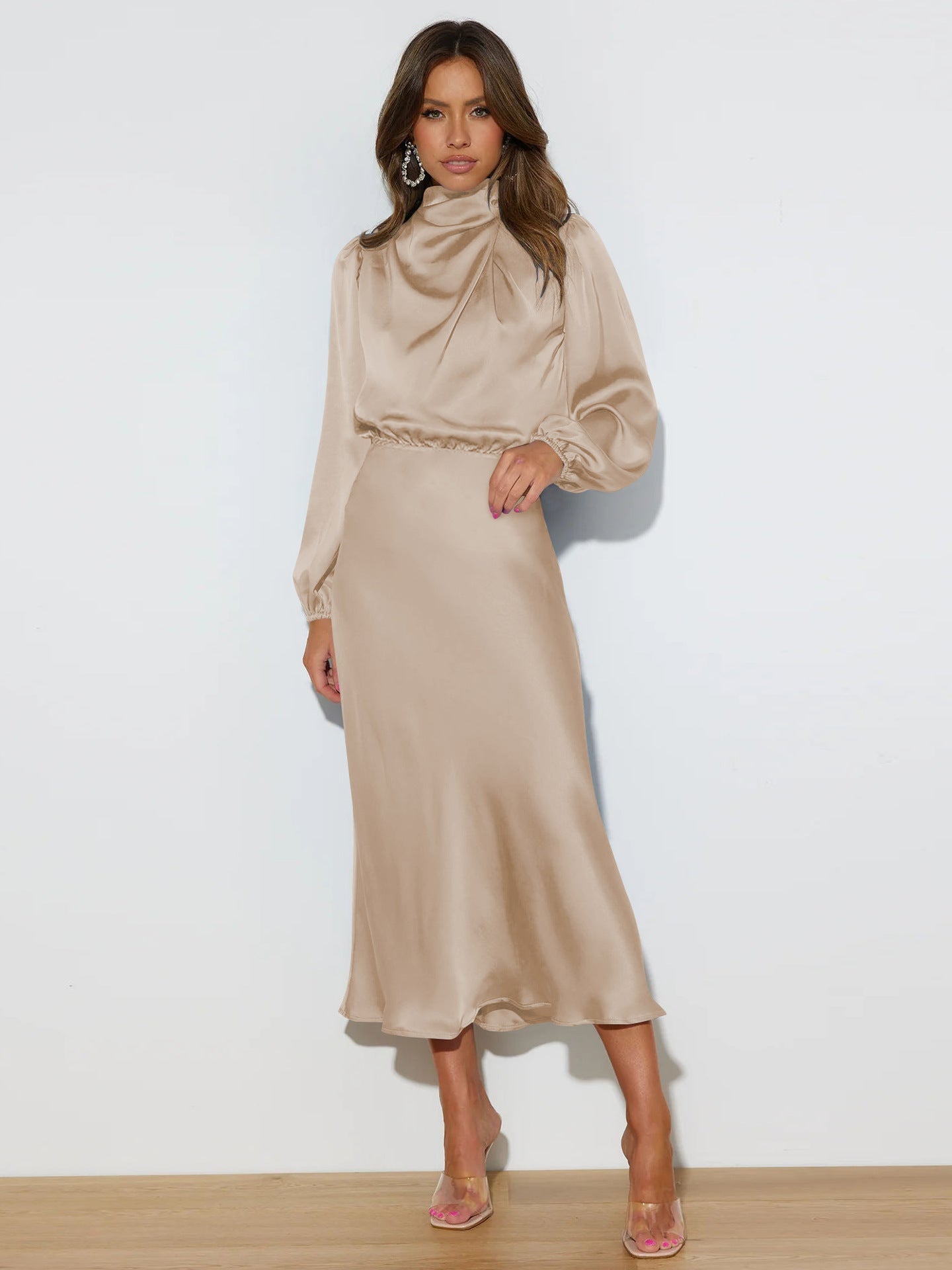 Autumn High Grade Satin Long Sleeve Loose Dress Elegant Women Evening Dress