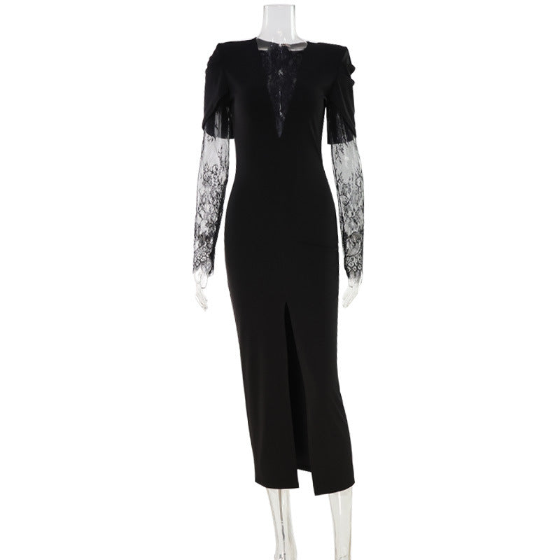 Autumn Winter Elegant V Shaped Lace Stitching Expensive Slim Fit Slit Dress Women