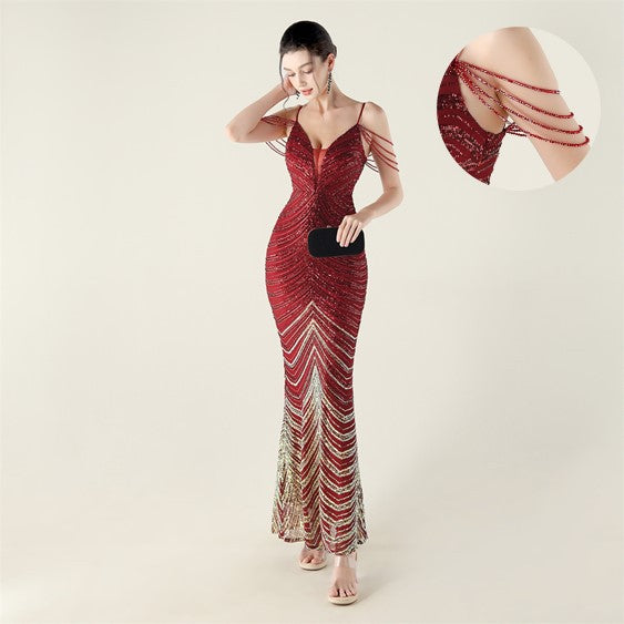 Deep V Plunge neck Wave Gradient Sequin Evening Dress Positioning Floral Cutting Craft Beaded Cocktail Battle Gown