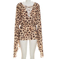 Women Clothing Summer Sexy Leopard Print Lace up Deep V Plunge neck Wide Sleeve Elegant Mini Dress