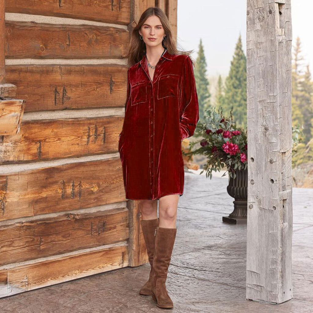 Autumn Winter Solid Color Shirt Dress Women Office All Matching Loose Casual Velvet Knee Length Long Sleeve Short Dress
