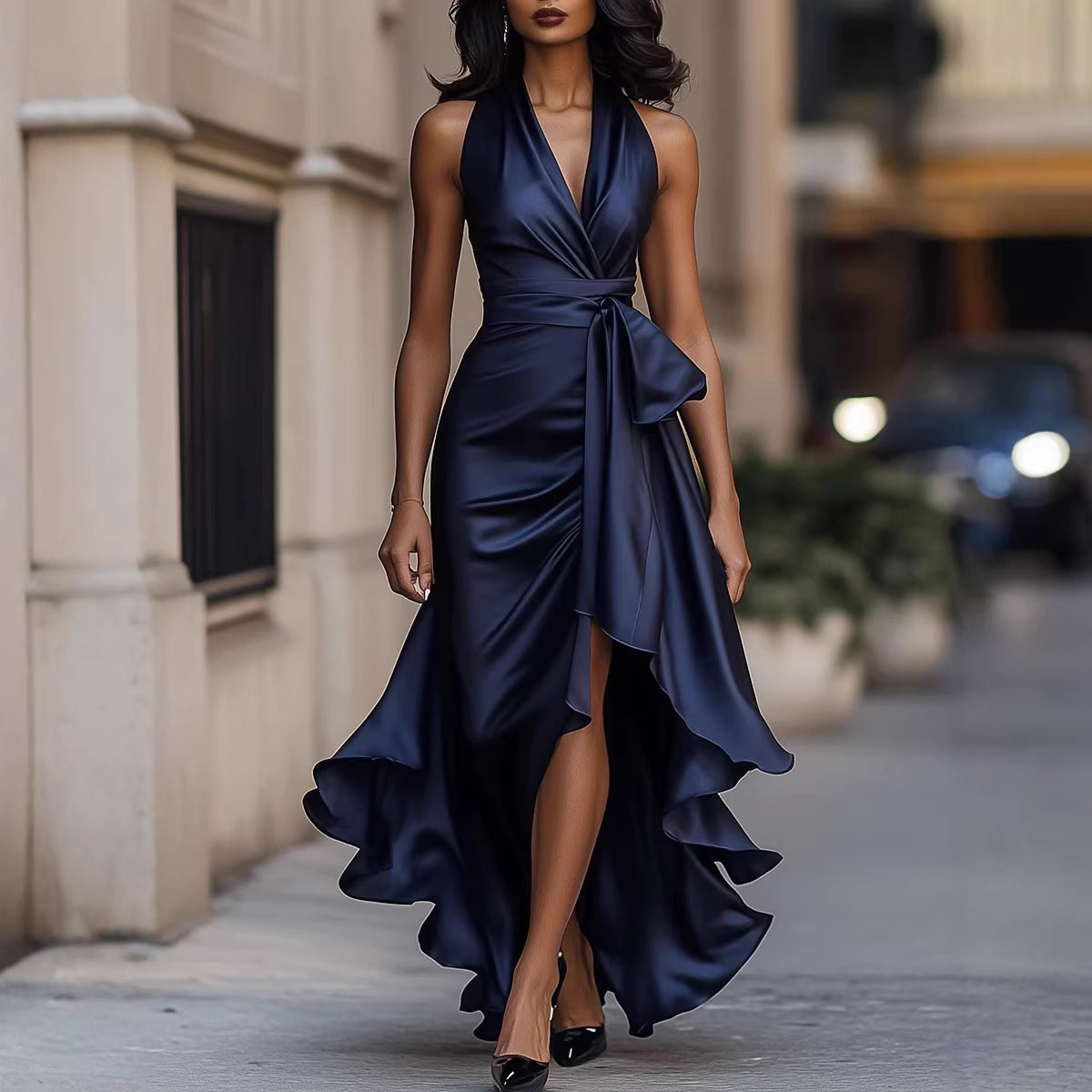 Satin Deep V Plunge neck Sleeveless Waist Trimming Ruffles Elegant Dress for Women