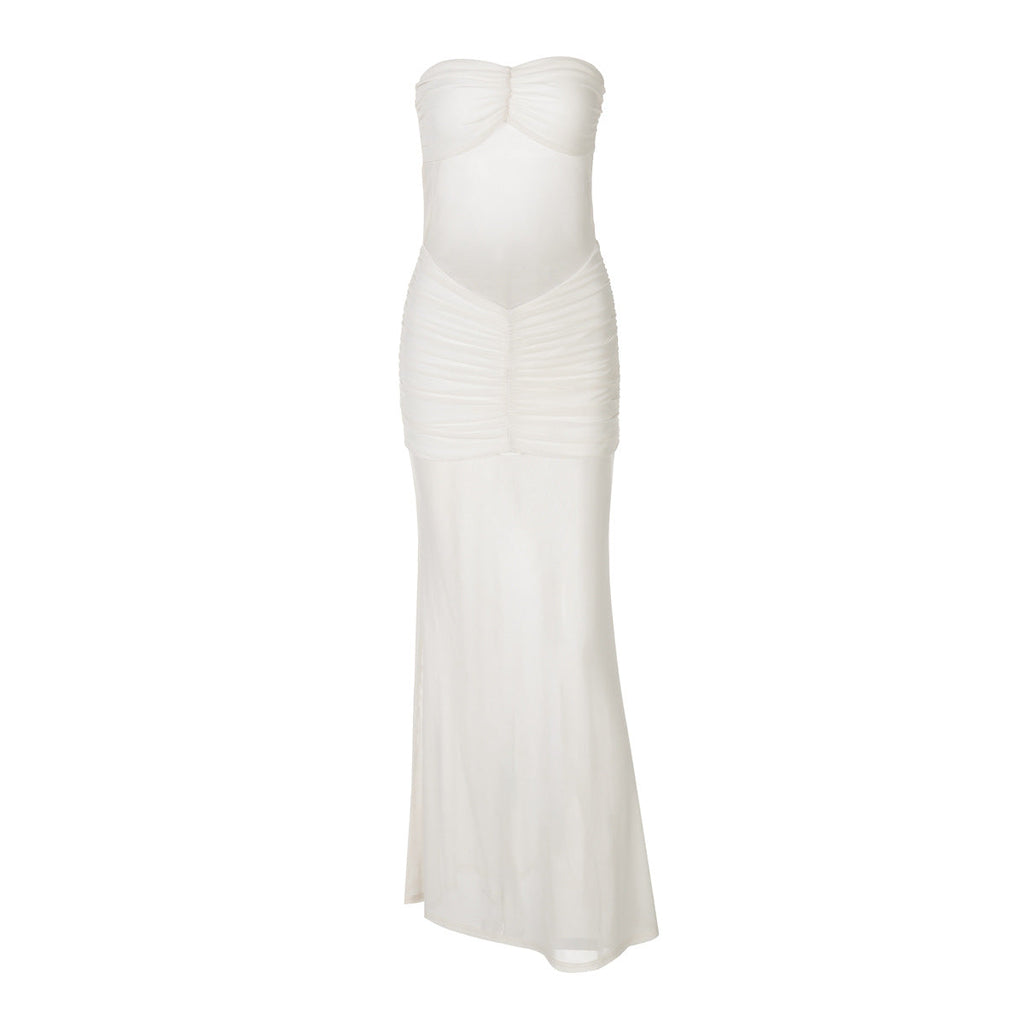Mesh Stitching Dress Summer Women Sexy off Neck Tube Top Dress