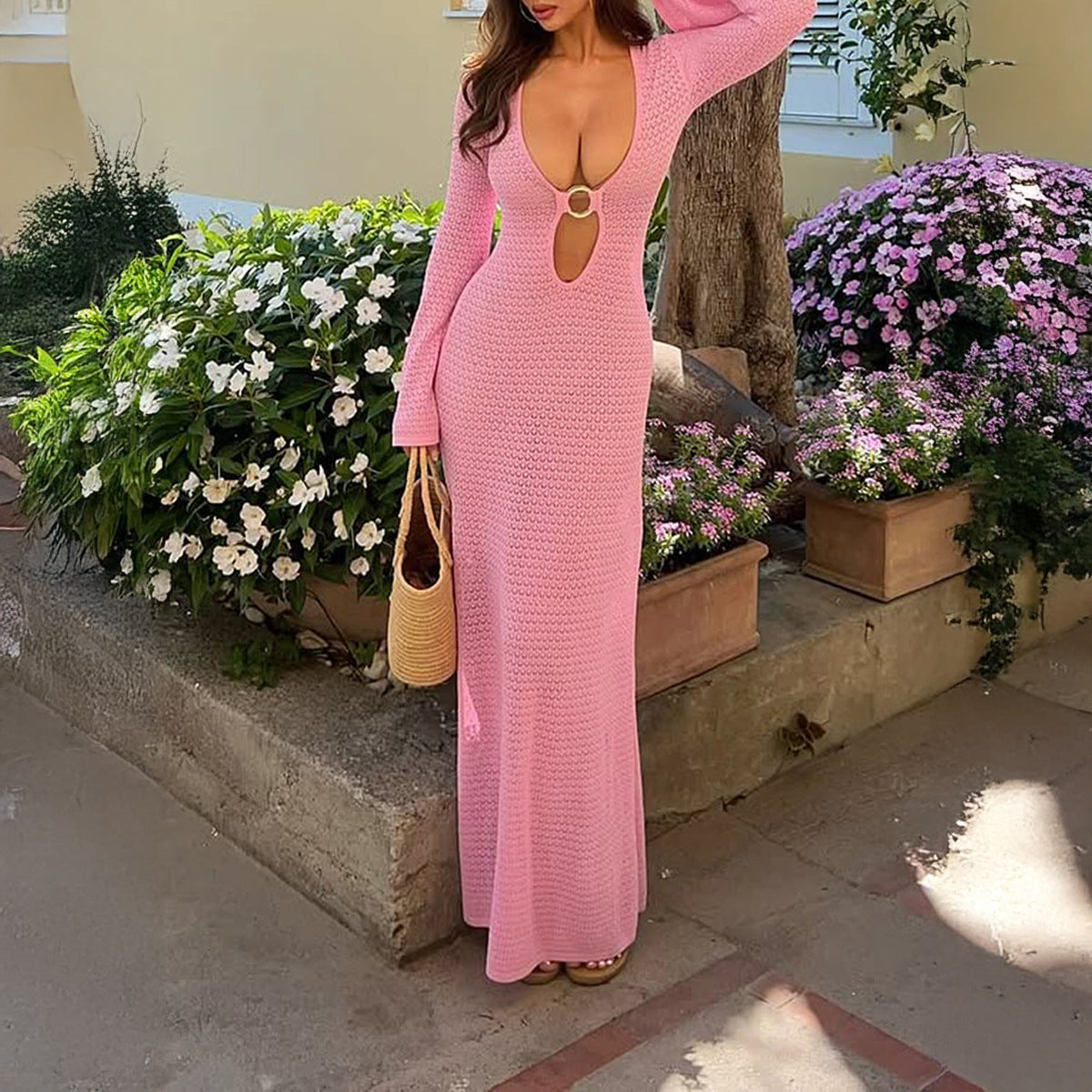 Spring Summer Vacation Women Deep V Plunge neck Long Sleeve Solid Color Woolen Buckle Dress for Women